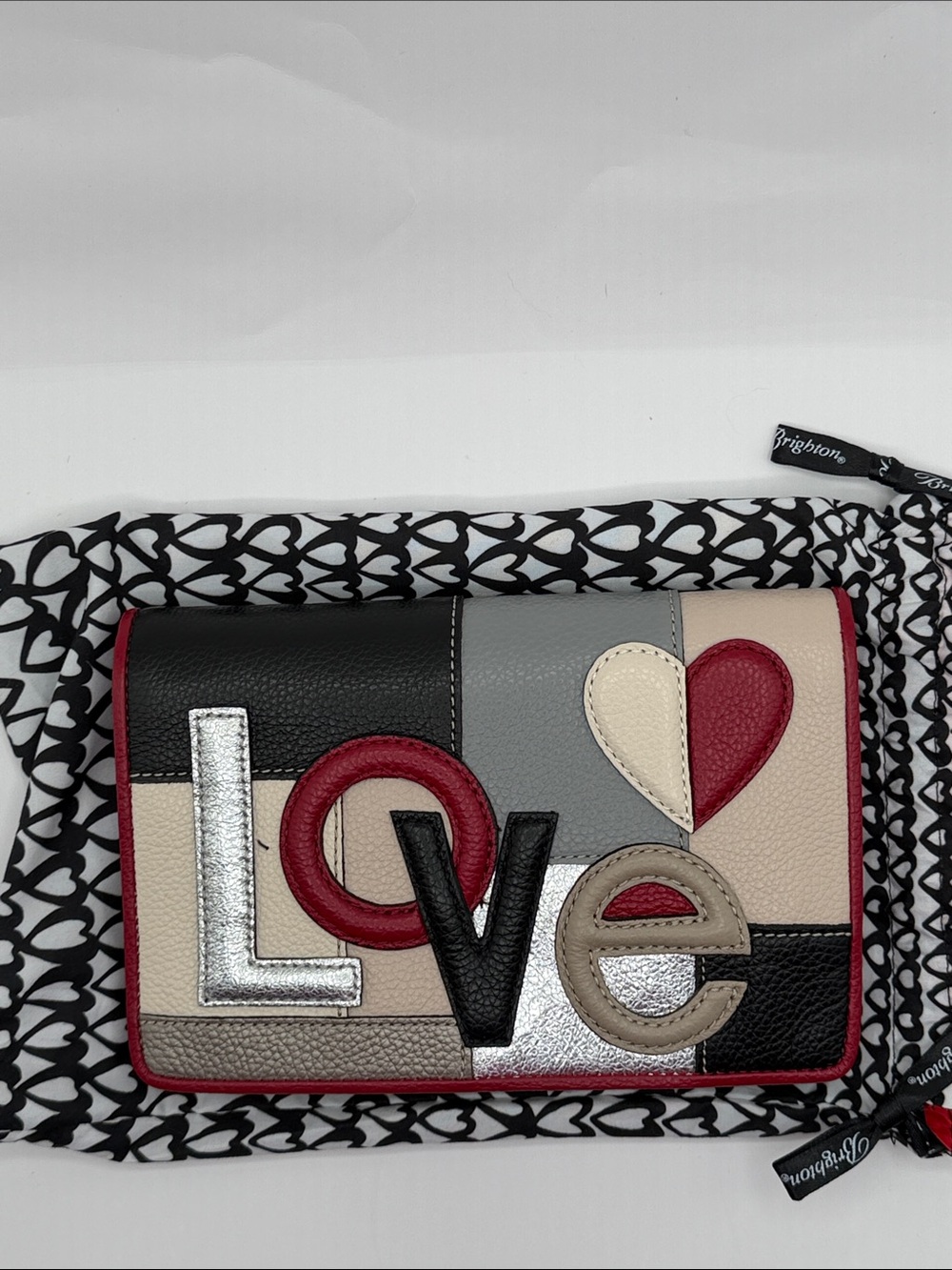 Retired Brighton Patchwork LOVE Wallet in Black, Gray, Cream & Red